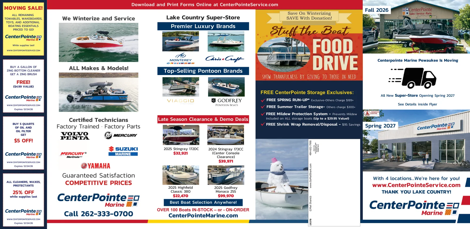 CenterPointe Marine 2026-27 fall flyer page 1: winterizing and service, Lake Country Super-Store brands, late season clearance deals, and storage exclusives