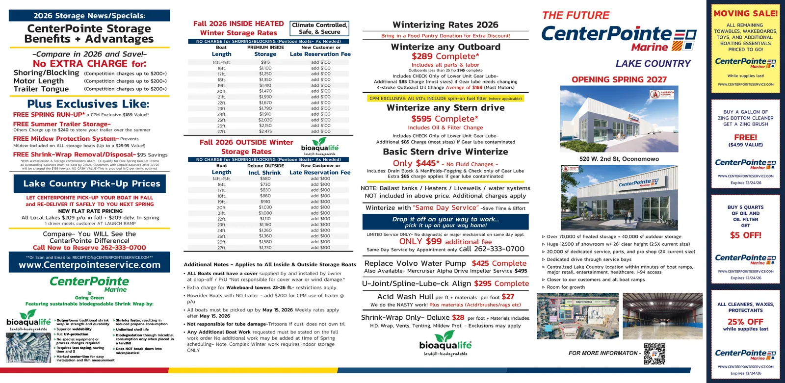 CenterPointe Marine 2026-27 fall flyer page 2: 2026 winterizing rates, inside heated and outside winter storage rate tables, storage benefits, and the new Lake Country location