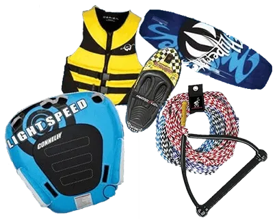 Water sports equipment including tubes, skis, and wakeboards for boat rentals