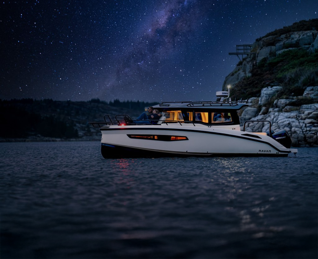 Navan cruiser on Lake Winnipesaukee at night