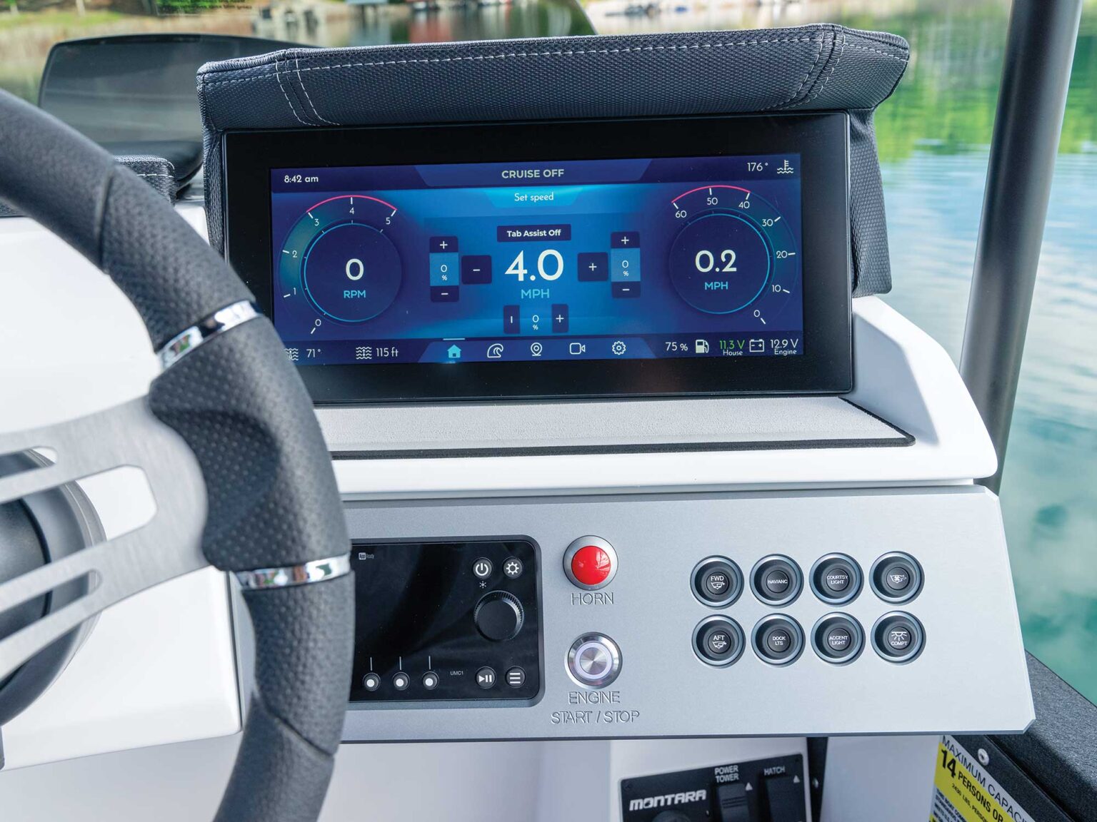 The dashboard is kitted with a digital touchscreen panel that manages all wake profiles. Courtesy Montara Boats