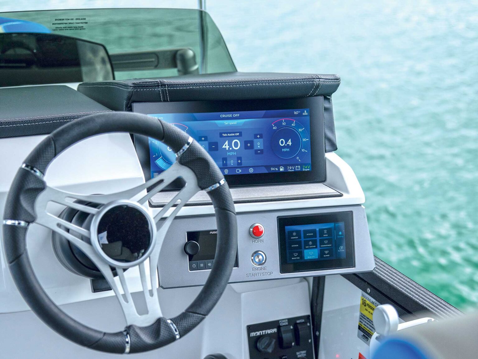 The digital touchscreen offers control of ballast, speed and acceleration for up to 1,000 profiles. Courtesy Montara Boats
