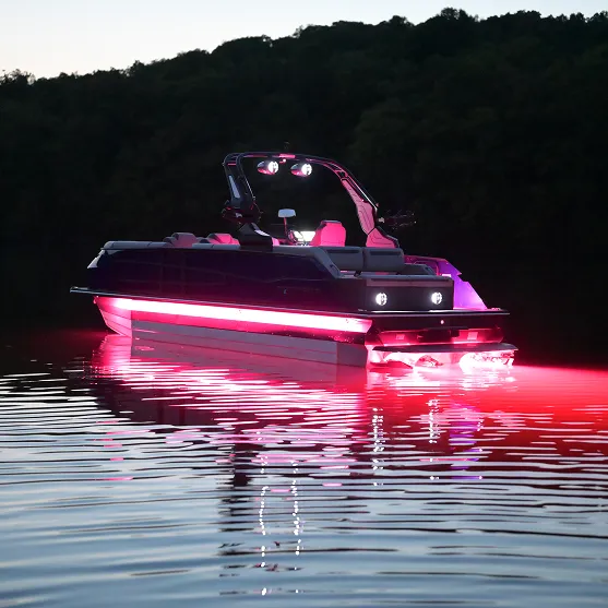 Evo RGB lighting boat at night with pink glow