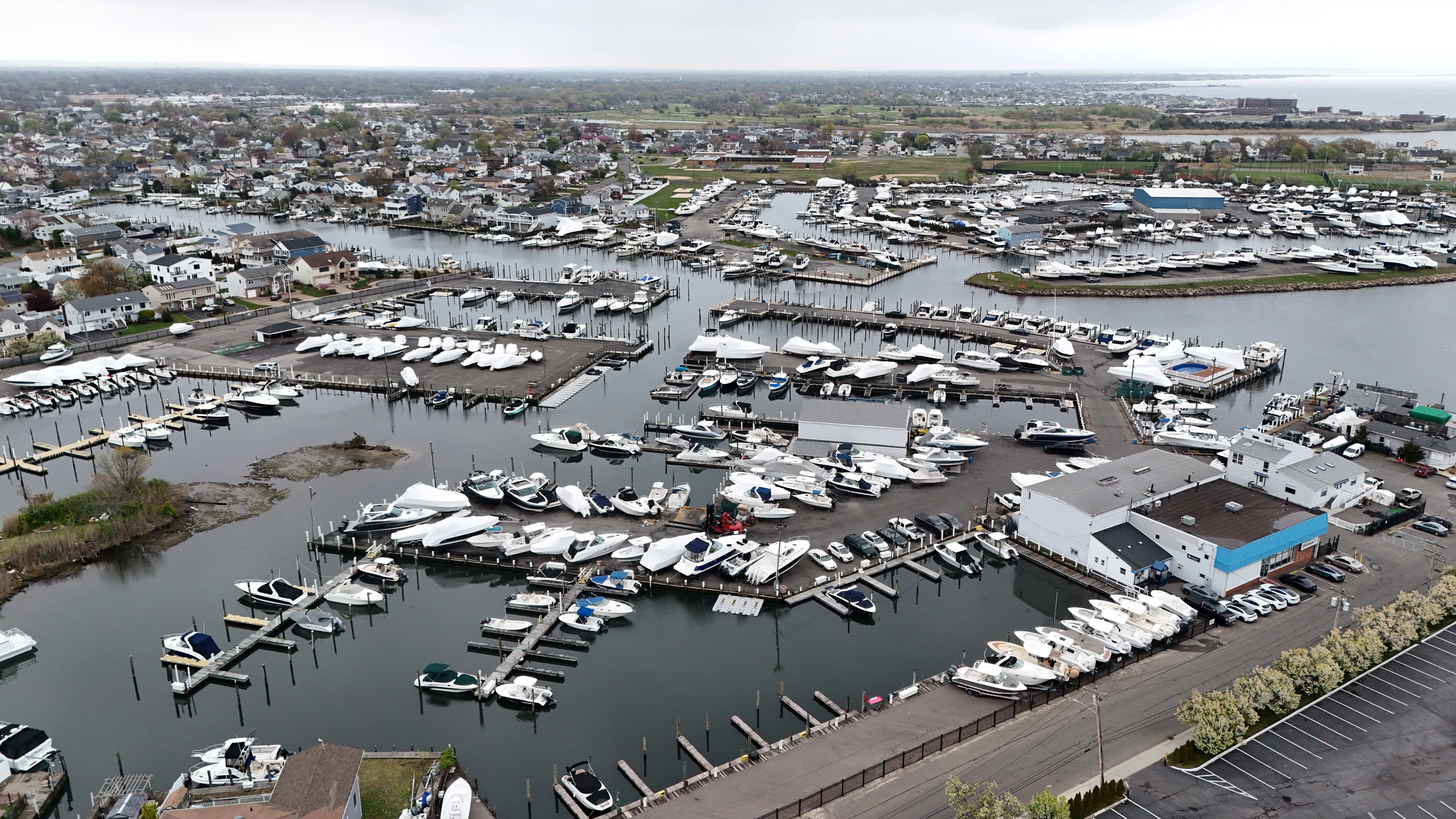 Aerial view of Strong's Marine at Surfside 3 Marina & Yacht Club in Lindenhurst, NY