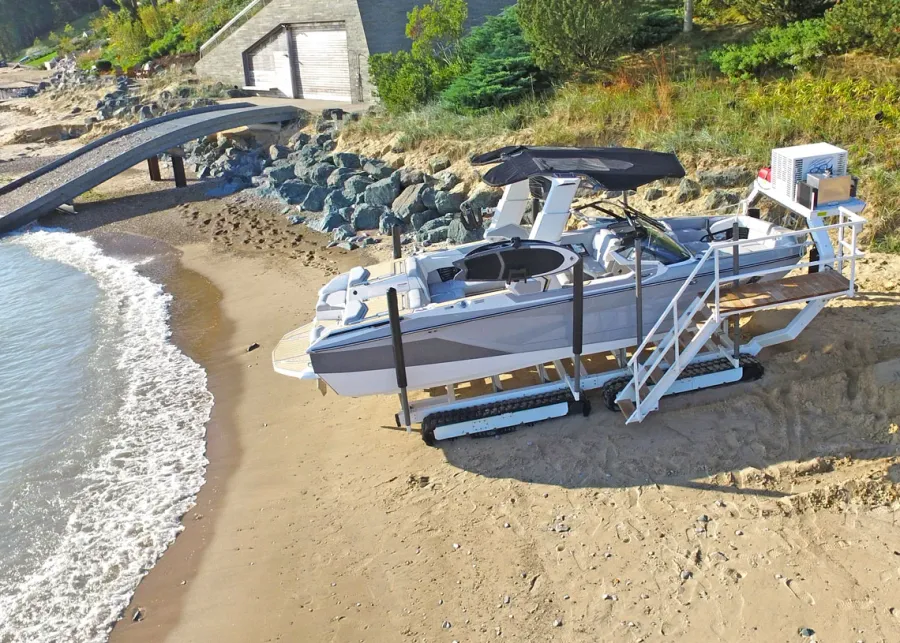 Beach Launcher motorized boat lift launching a boat