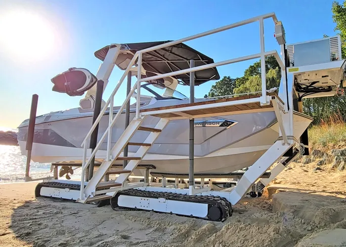 Beach Launcher on tracks near the shoreline