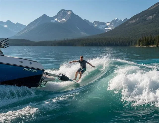 Wakesurfer riding behind a wake boat on an Idaho lake