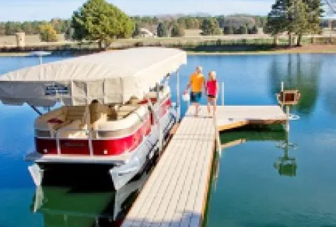 Pontoon moored at a lakefront dock