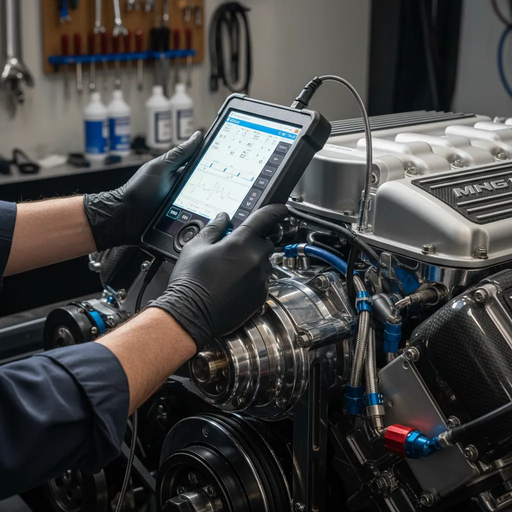 Factory-certified technician running engine diagnostics