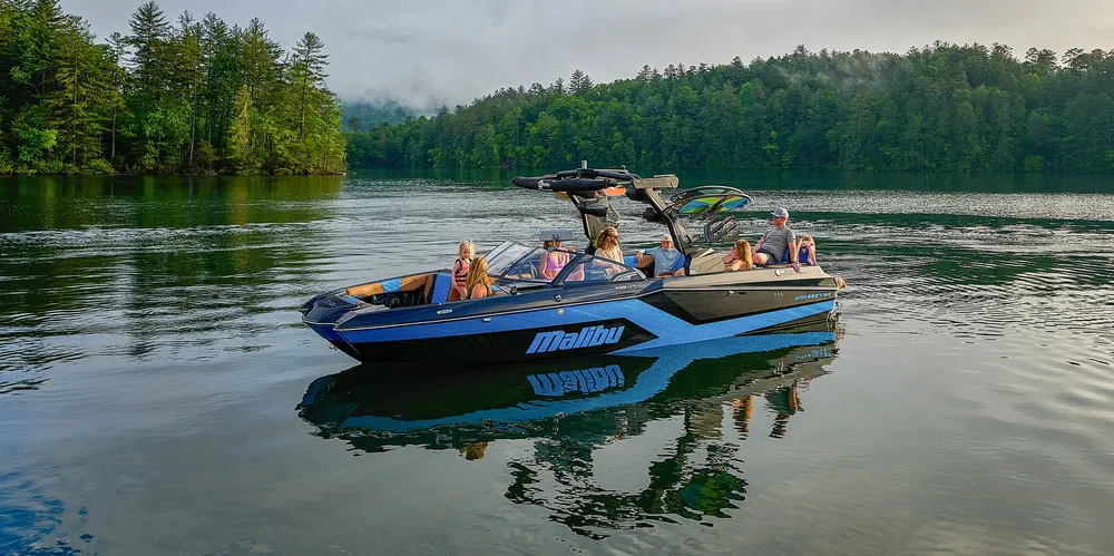 Custom built wake boat on an Idaho lake