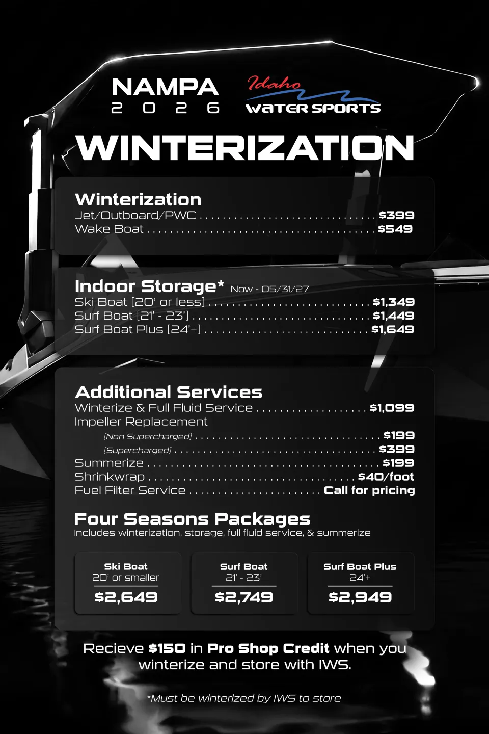 Idaho Water Sports Nampa winterization pricing and storage menu