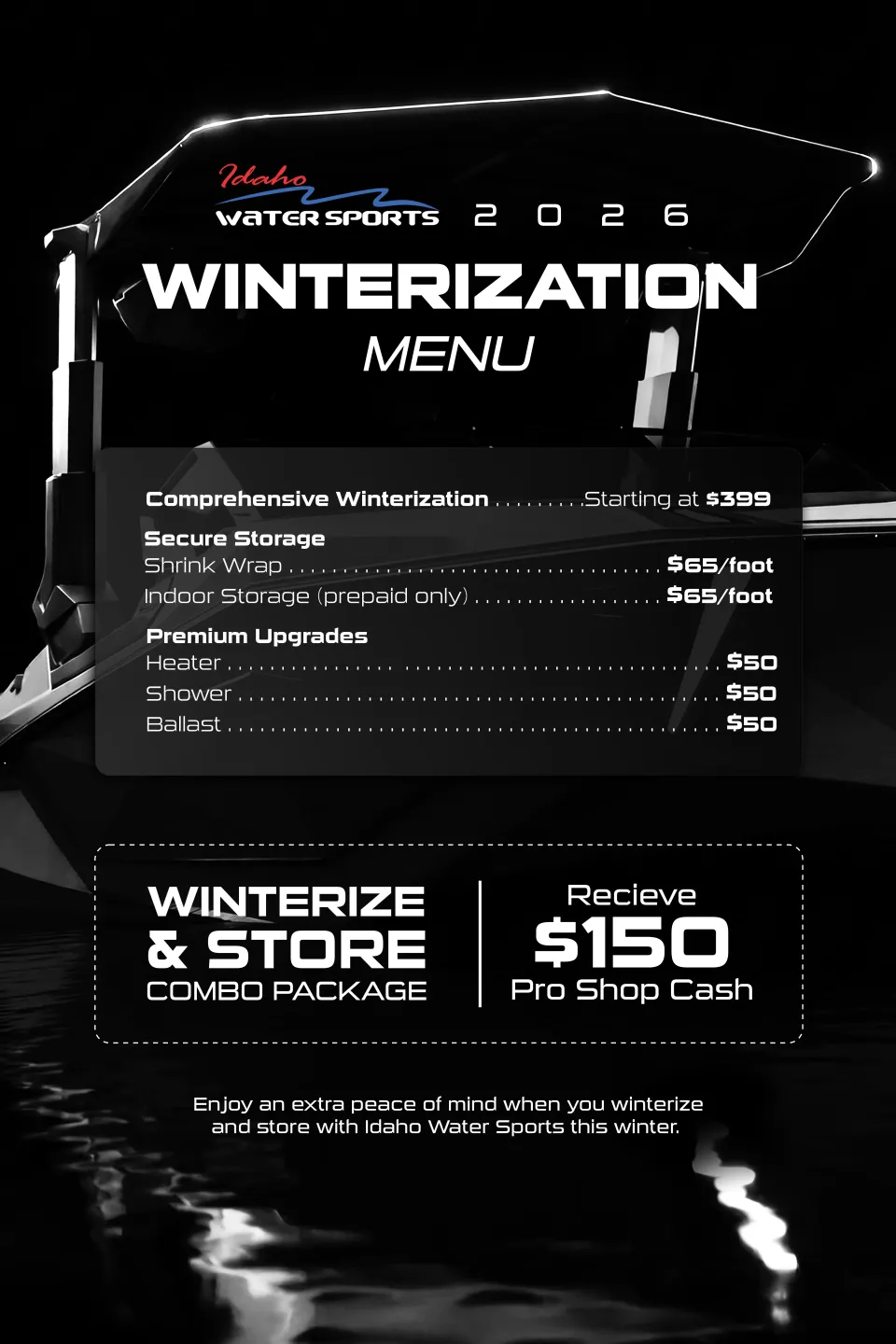 Idaho Water Sports winterization pricing and storage menu