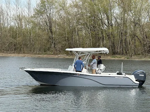 Boat being launched after spring commissioning at Petzold&rsquo;s Marine Center