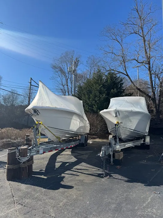 Trailered boats parked for winter storage at Petzold&rsquo;s Marine Center