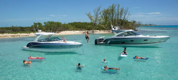 Luxury boats in marina showcasing South Austin Marine inventory