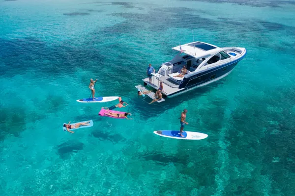 Protected boat in covered storage with clean surroundings at South Austin Marine