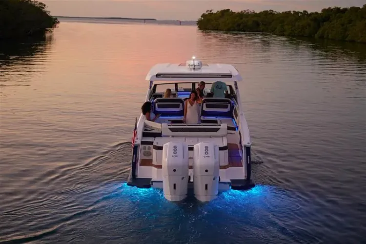 Premium boat docked at marina showing professional maintenance and storage facilities