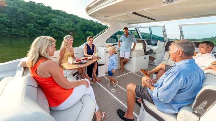Friends gathered in a boat cockpit