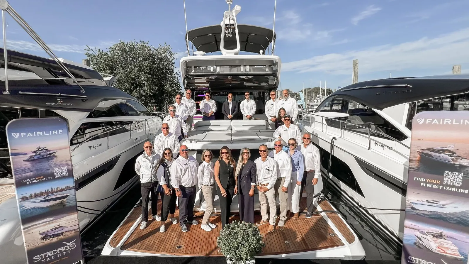 The Strong's Marine team aboard a Fairline yacht