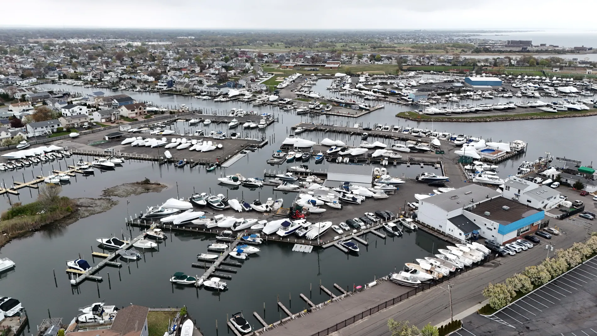 Aerial view of Strong's Marine at Surfside 3 Marina & Yacht Club in Lindenhurst, NY