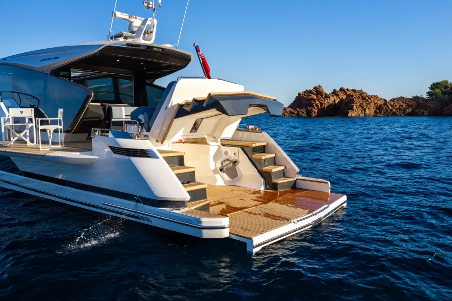 Fairline 58 GTO profile view at the Fort Lauderdale International Boat Show