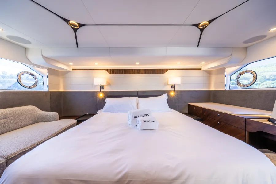Fairline 58 GTO interior with panoramic glazing and refined British craftsmanship