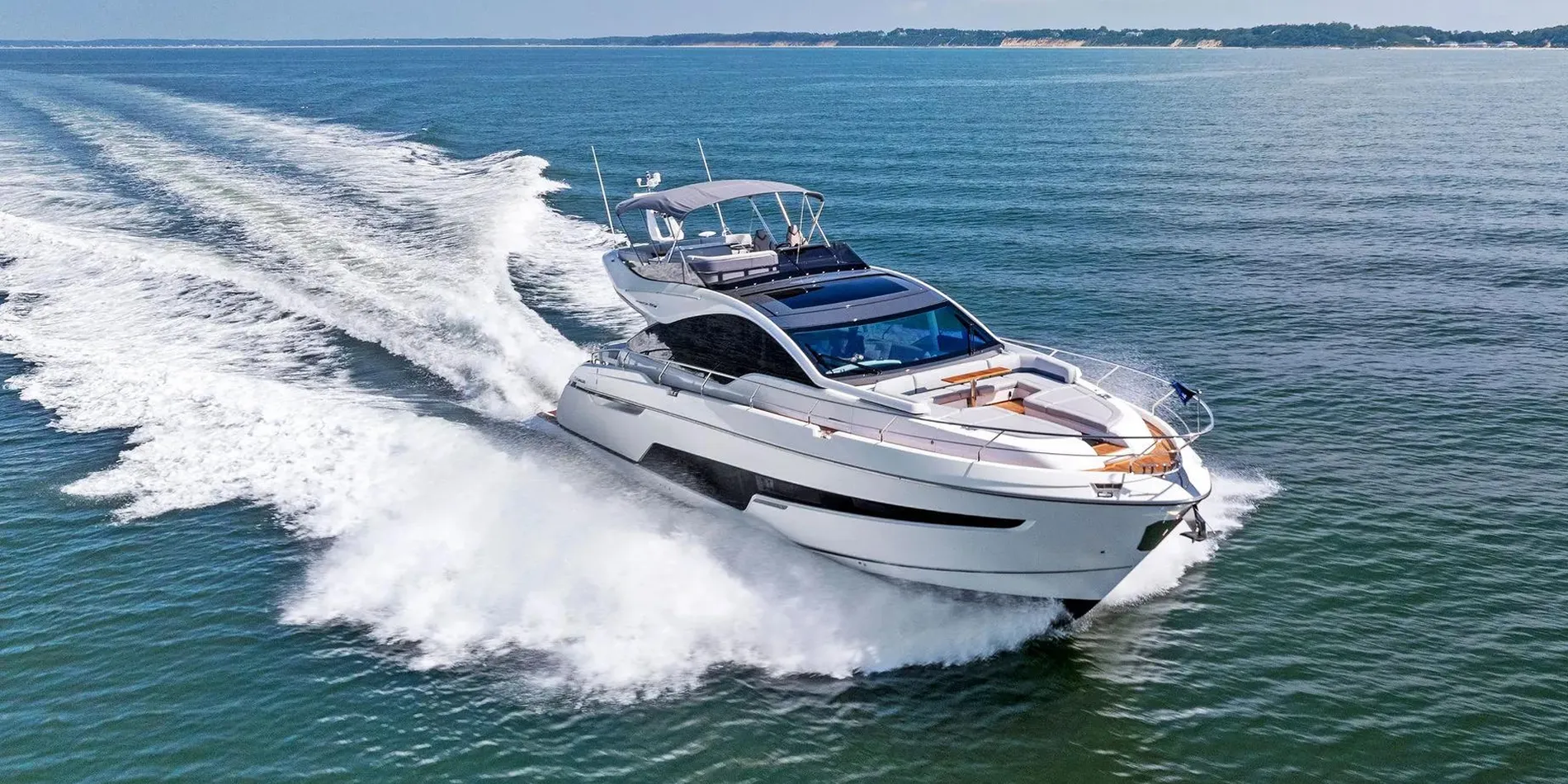 A Fairline luxury yacht cruising the waters off Long Island, New York