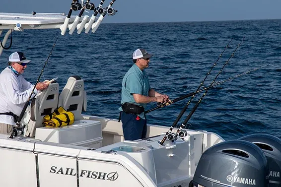 Sailfish Boats feature waist-high gunwales with soft cockpit bolsters.