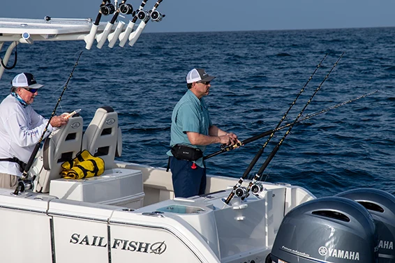 Sailfish Boats feature waist-high gunwales with soft cockpit bolsters.
