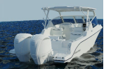 A white motorboat with twin engines, featuring a spacious deck and a canopy, floating on calm water.